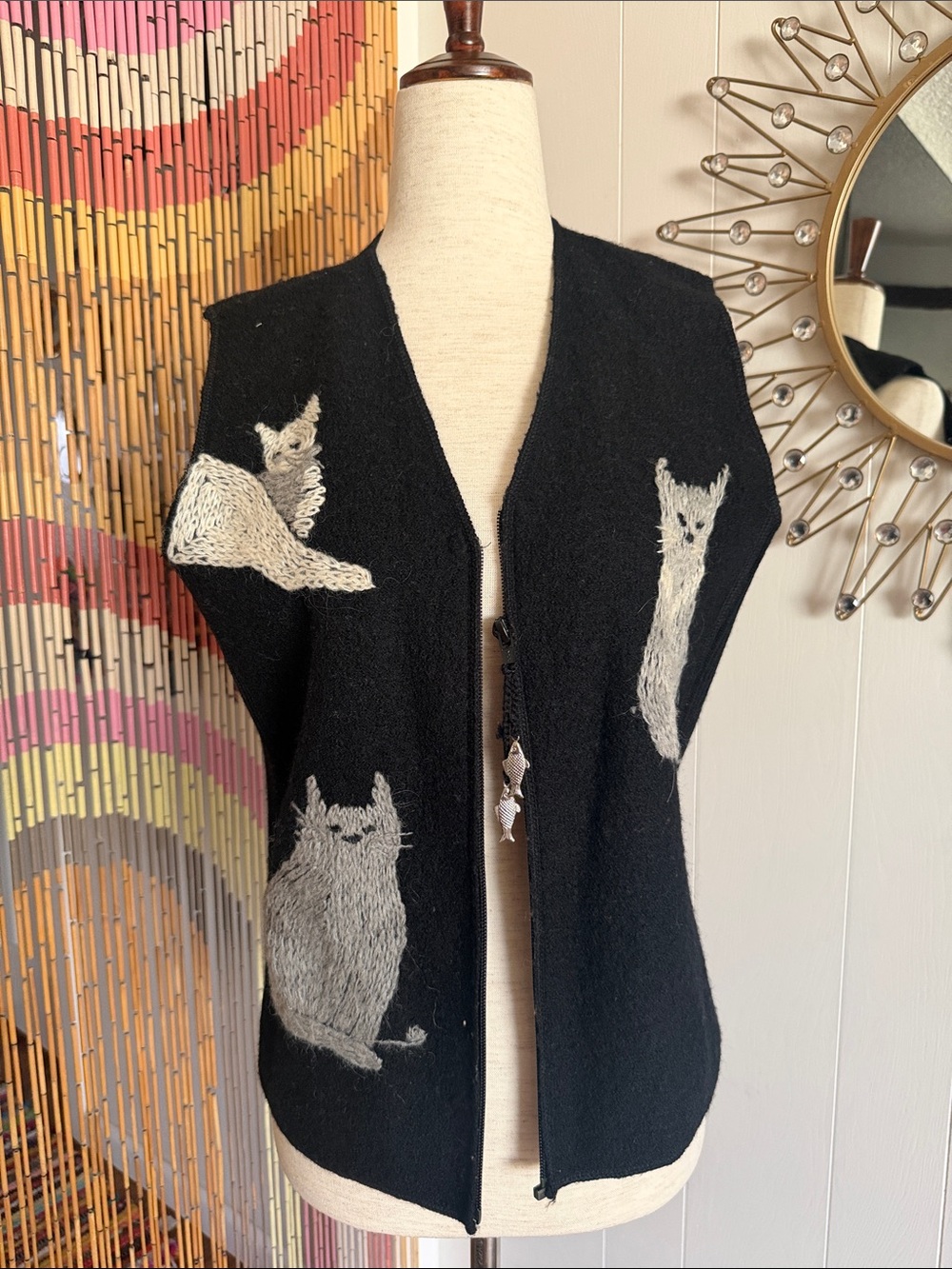 Vintage Black Vest with Gray Cat Motifs